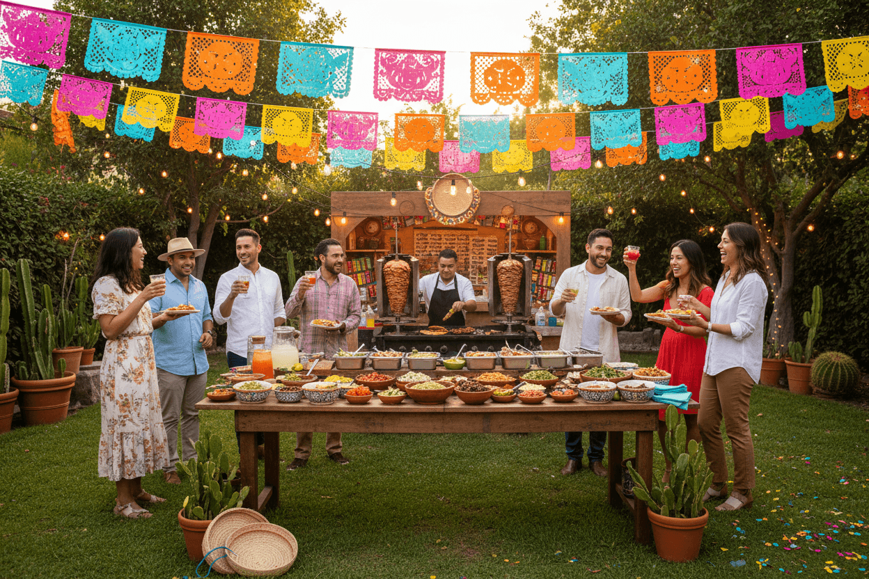 Festive backyard party with taco catering