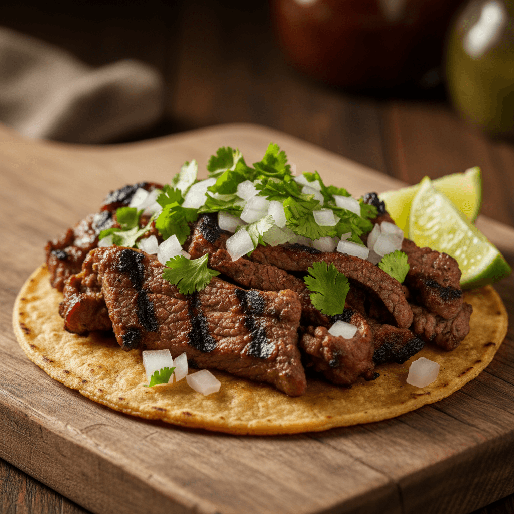 Signature carne asada taco with fresh toppings