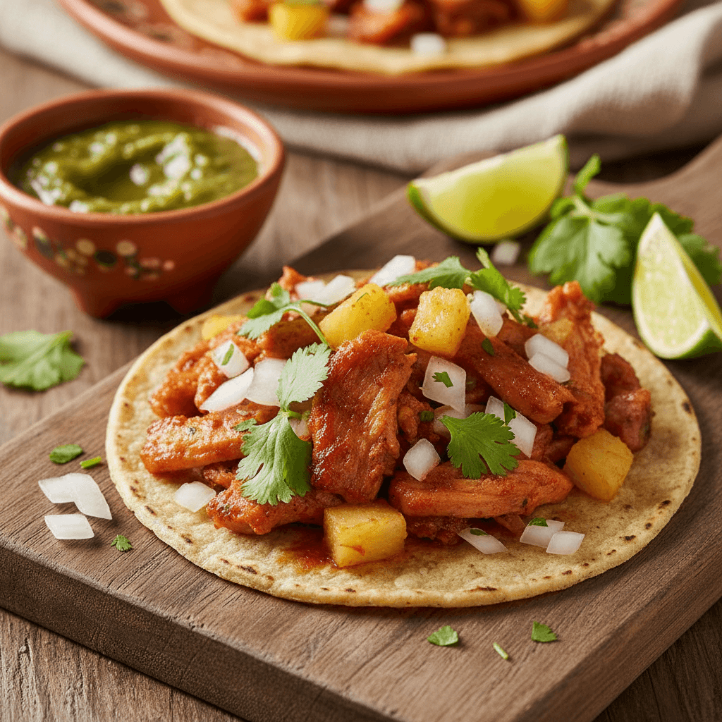Al pastor taco with pineapple and fresh toppings