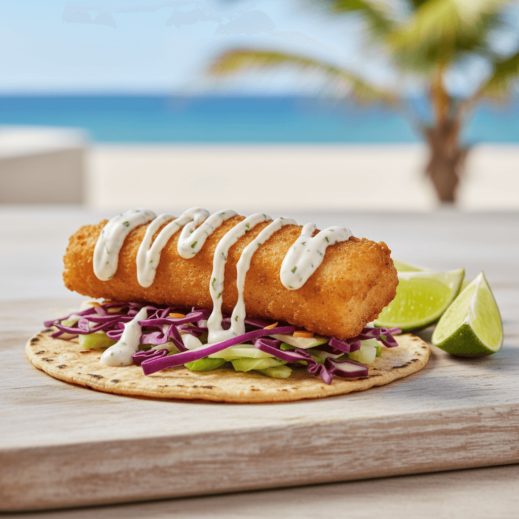 Fresh fish taco with cabbage slaw and creamy sauce