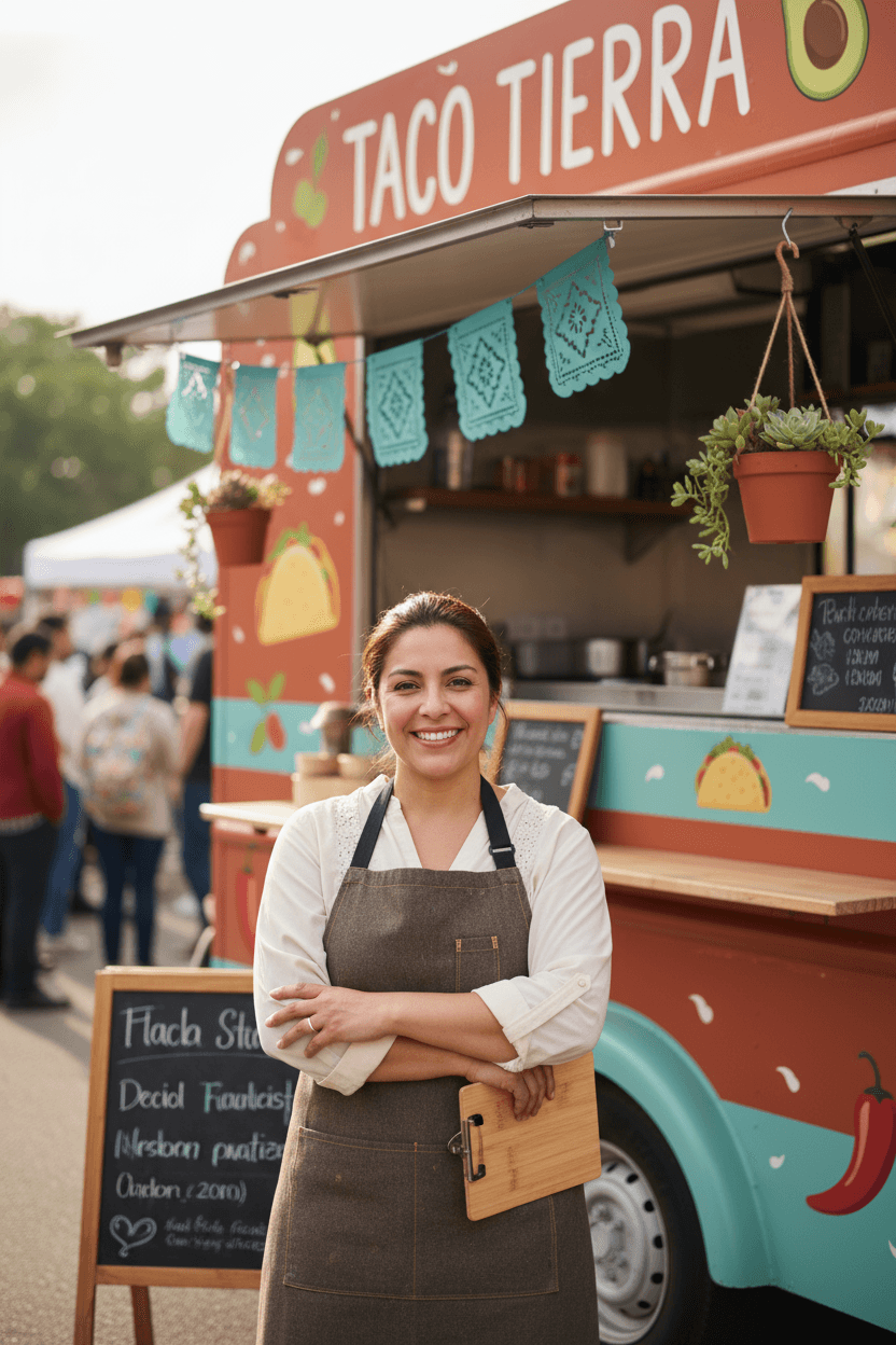 El Taco De Ojo owner standing proudly in front of food truck
